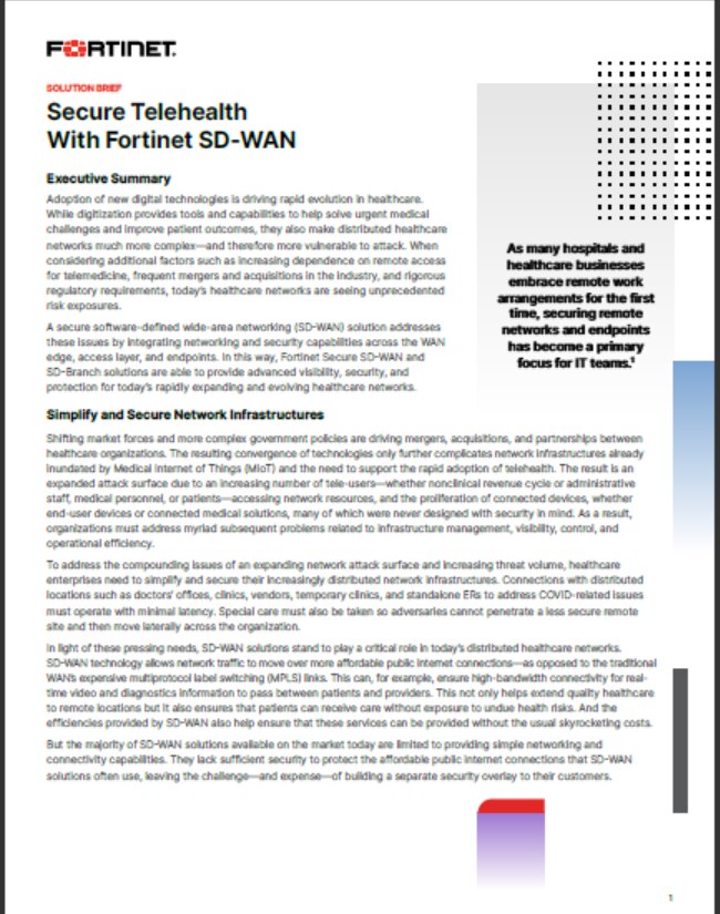 Secure Telehealth With Fortinet SD-WAN (sold in package, 10pc per package)