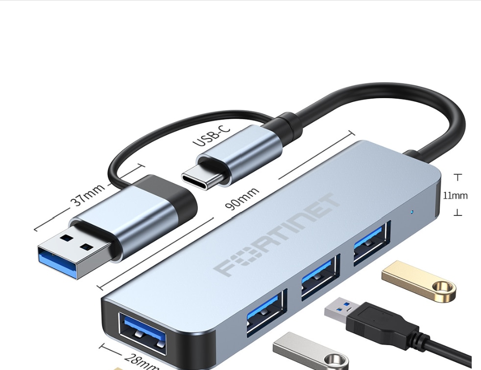 USB 3.1C to USB 3.0 Hub with 4 ports and 5.3inch extended cable