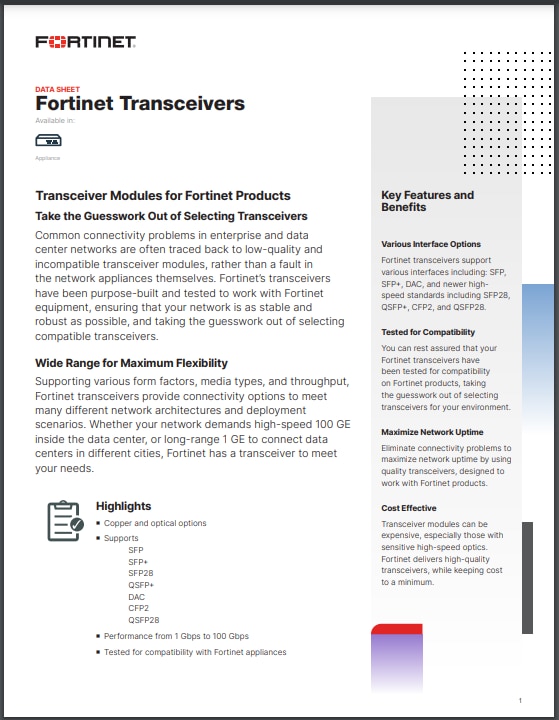 Fortinet Transceivers Datasheet (sold in package, 10pc per package)