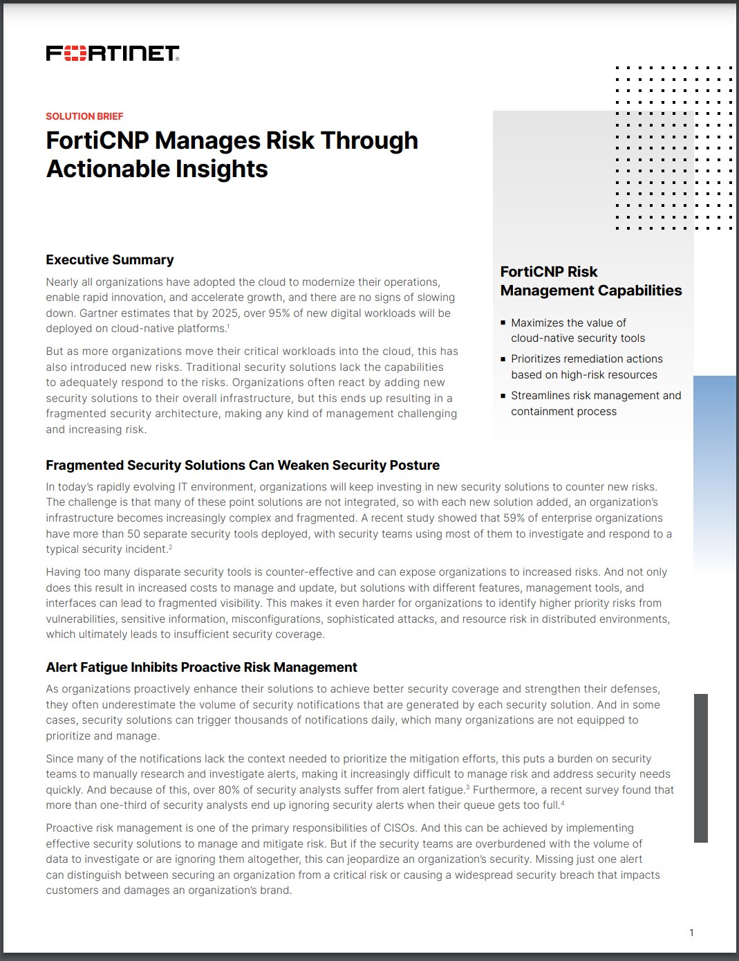 Solution Brief-FortiCNP Manages Risk Through Actionable Insights (sold in package, 10pc per package)